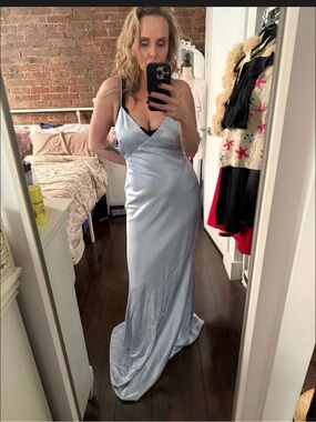 Milly Silver-Blue Satin Bias-Cut Maxi Dress
